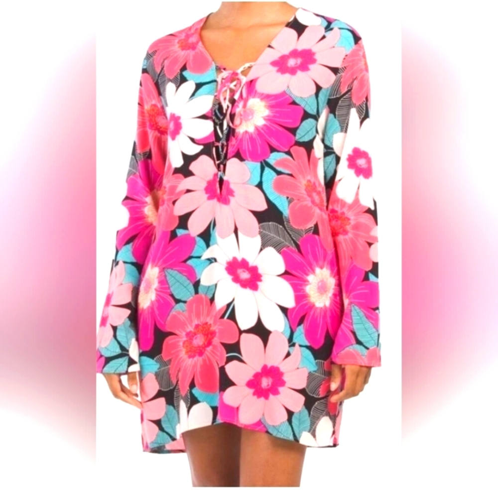 LA BLANCA Women's Bloom Pink Floral Lace Up Tie Tunic Swim Cover Up Dress Size L